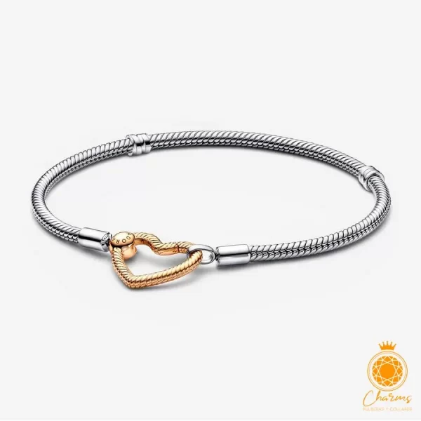 Pandora Moments Heart Closure Snake Chain Bracelet Two Tone